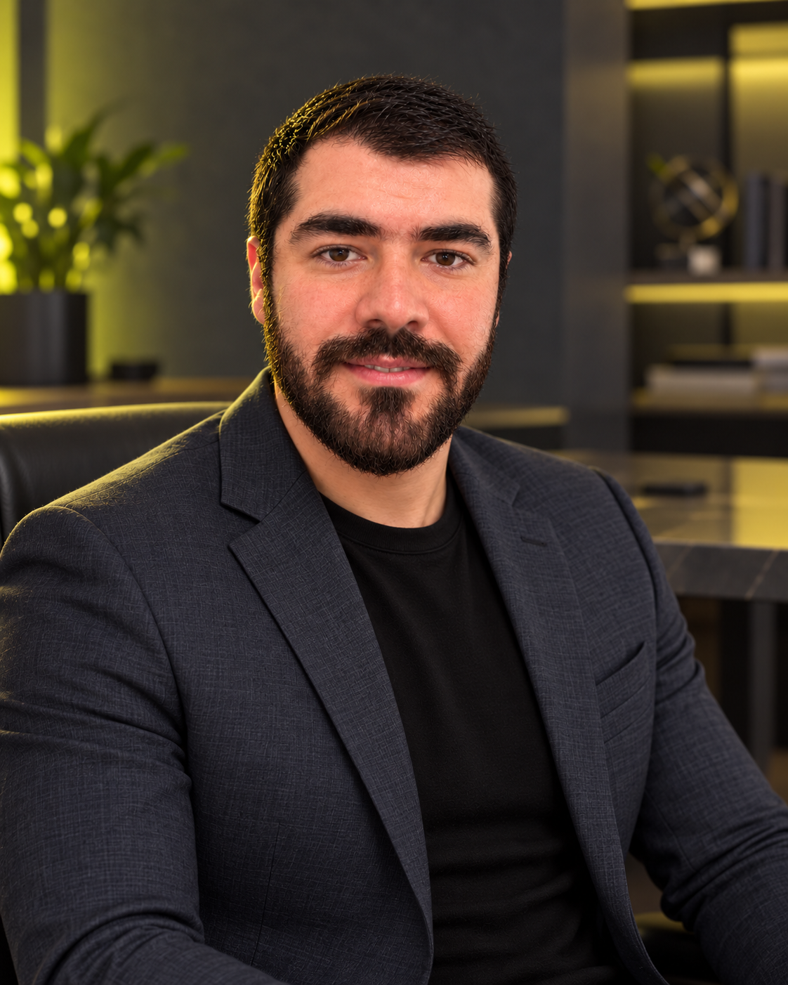 Polished professional portrait of the GEO NEXUS LLC owner with neatly styled hair and groomed beard, generated from his reference photo