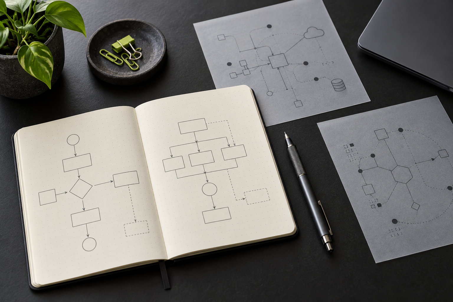 Notebook and architectural workflow diagrams used for project planning